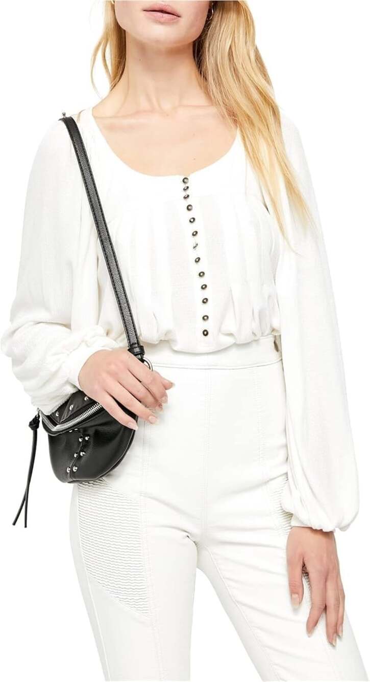 Free People Women XL Devin Pleated Blouson Sleeve Button Down Henley Top White